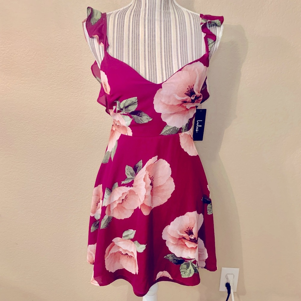 NWT Lulus Dress XS Burgundy Pink Flowers Sleeveless Flowy Mini Flare Back Zip